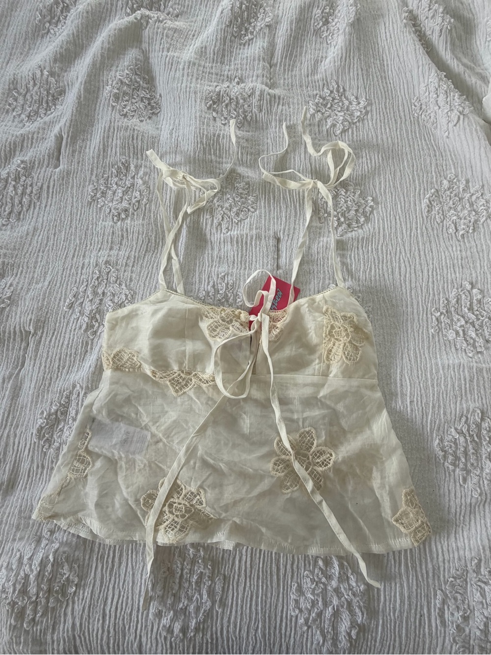 Edikted Cream Sheer Embroidered Tie-Shoulder Crop Top